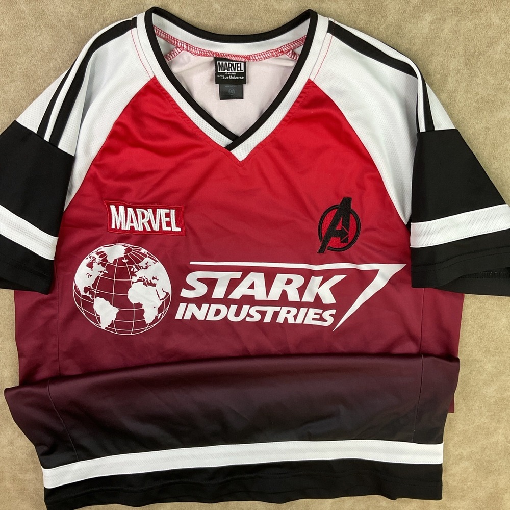 Marvel Our Universe Stark Industries Iron Man Jersey Top Womens M Red Colorblock